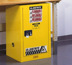 Justrite - 1 Door, 1 Shelf, Yellow Steel Space Saver Safety Cabinet for Flammable and Combustible Liquids - 35" High x 23-1/4" Wide x 18" Deep, Self Closing Door, 12 Gal Capacity - Exact Tooling