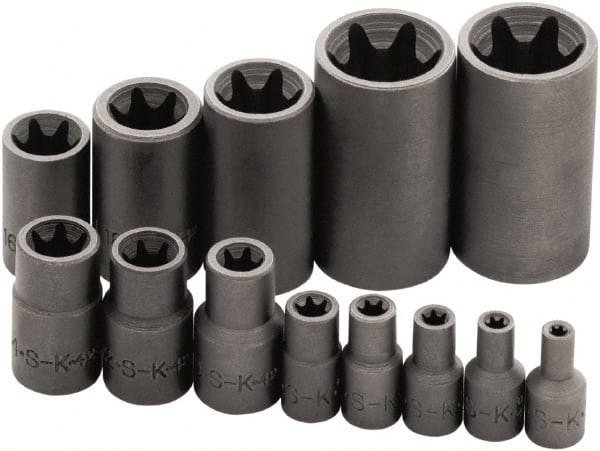 SK - 13 Piece 1/4, 3/8 & 1/2" Drive Standard Socket Set - 6 Points, E4 to E24 Torx, Torx Measurement Standard - Exact Tooling