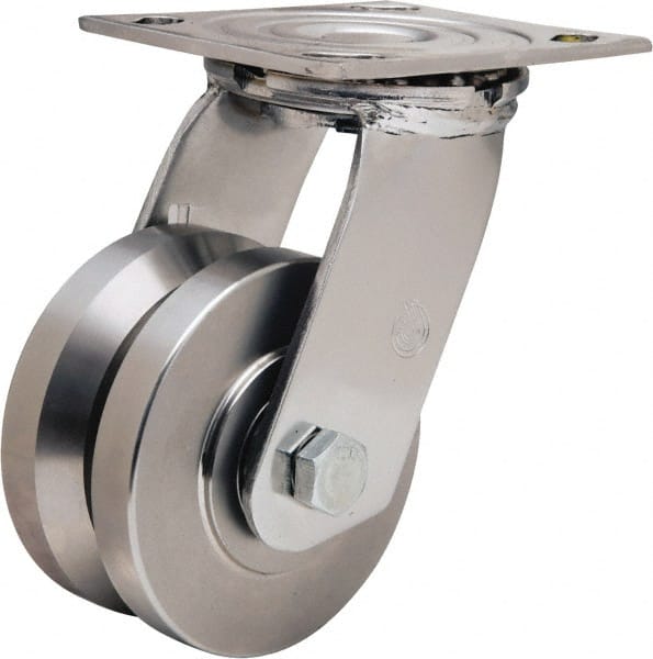 Hamilton - 4" Diam x 2" Wide, Stainless Steel Swivel Caster - 850 Lb Capacity, Top Plate Mount, 3-3/4" x 4-1/2" Plate, Stainless Steel Precision Ball Bearing - Exact Tooling