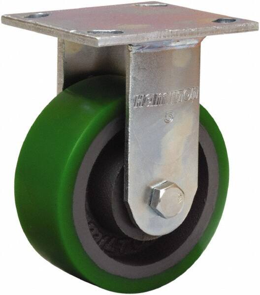 Hamilton - 5" Diam x 2" Wide x 6-1/2" OAH Top Plate Mount Rigid Caster - Polyurethane Mold onto Cast Iron Center, 900 Lb Capacity, Sealed Precision Ball Bearing, 4 x 4-1/2" Plate - Exact Tooling