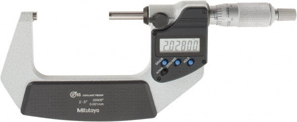 Mitutoyo - 2 to 3 Inch Range, 0.0001 Inch Resolution, Standard Throat, IP65 Electronic Outside Micrometer - 0.0001 Inch Accuracy, Ratchet Stop Thimble, Carbide Face, SR44 Battery, Includes Plastic Case - Exact Tooling