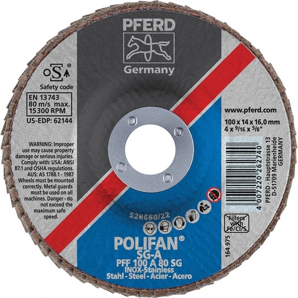 PFERD - 80 Grit, 4" Disc Diam, 5/8" Center Hole, Type 27 Aluminum Oxide Flap Disc - 15,300 Max RPM, Fiberglass Backing, Arbor Attaching System, Coated - Exact Tooling