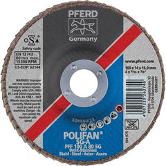 PFERD - 80 Grit, 4" Disc Diam, 5/8" Center Hole, Type 27 Aluminum Oxide Flap Disc - 15,300 Max RPM, Fiberglass Backing, Arbor Attaching System, Coated - Exact Tooling