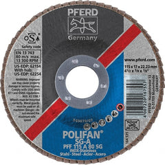 PFERD - 80 Grit, 4-1/2" Disc Diam, 7/8" Center Hole, Type 27 Aluminum Oxide Flap Disc - 13,300 Max RPM, Fiberglass Backing, Arbor Attaching System, Coated - Exact Tooling