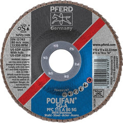 PFERD - 80 Grit, 4-1/2" Disc Diam, 7/8" Center Hole, Type 29 Aluminum Oxide Flap Disc - 13,300 Max RPM, Fiberglass Backing, Arbor Attaching System, Coated - Exact Tooling