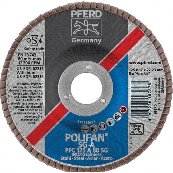 PFERD - 80 Grit, 5" Disc Diam, 7/8" Center Hole, Type 29 Aluminum Oxide Flap Disc - 12,200 Max RPM, Fiberglass Backing, Arbor Attaching System, Coated - Exact Tooling