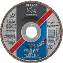 PFERD - 80 Grit, 5" Disc Diam, 7/8" Center Hole, Type 29 Aluminum Oxide Flap Disc - 12,200 Max RPM, Fiberglass Backing, Arbor Attaching System, Coated - Exact Tooling