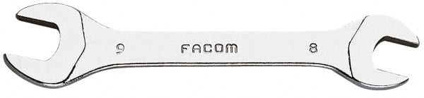 Facom - 8mm x 9mm Stubby Open End Wrench - 3-1/2" OAL, Double End, Satin Finish, 15° Head Angle - Exact Tooling