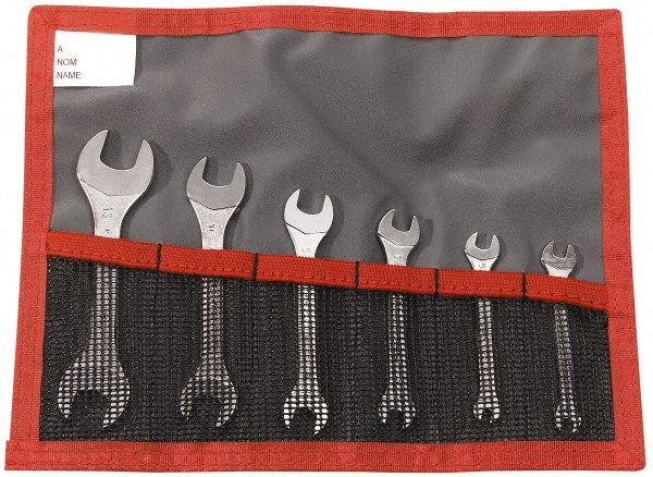 Facom - 6 Piece, 3.2mm x 5.5mm to 12mm x 13mm, Open End Wrench Set - Metric Measurement Standard, Satin Finish, Comes in Vinyl Roll - Exact Tooling