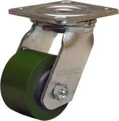 Hamilton - 3-1/4" Diam x 2" Wide x 5-1/4" OAH Top Plate Mount Swivel Caster - Polyurethane Mold onto Cast Iron Center, 575 Lb Capacity, Straight Roller Bearing, 4 x 4-1/2" Plate - Exact Tooling