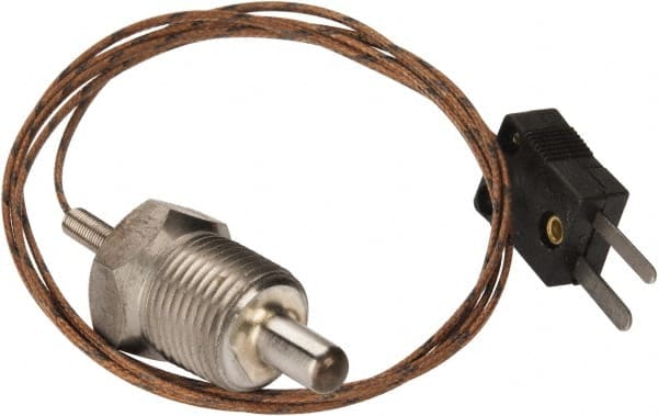 Thermo Electric - 0 to 900°F, J Pipe Plug, Thermocouple Probe - 5 Ft. Cable Length, Mini Connector, 1/2 Inch Probe Sheath Length, 6 Sec Response Time - Exact Tooling