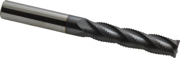 Accupro - 7/16" Diam, Fine Pitch, 2" LOC, 4 Flute Solid Carbide Roughing Square End Mill - AlTiN Finish, 4" OAL, 7/16" Shank Diam, Single End, Centercutting, 30° Helix - Exact Tooling