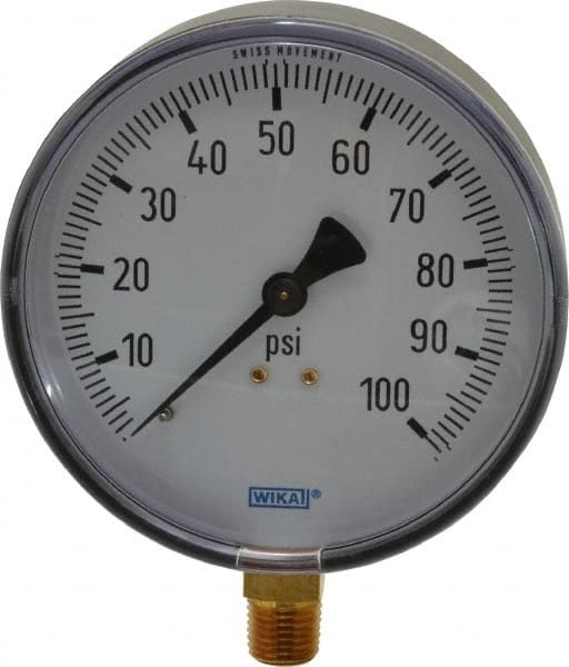 Wika - 4" Dial, 1/4 Thread, 0-100 Scale Range, Pressure Gauge - Lower Connection Mount, Accurate to 3-2-3% of Scale - Exact Tooling