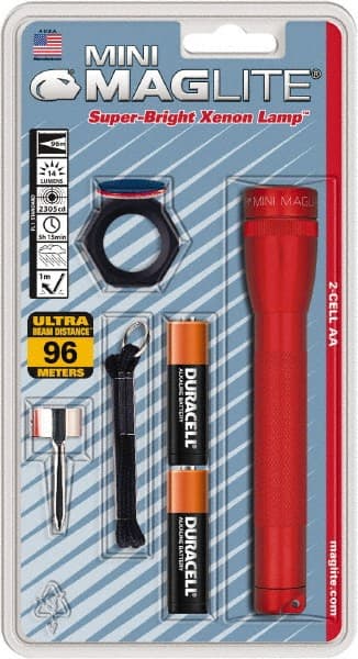 Mag-Lite - Krypton Bulb, 14 Lumens, Mini Flashlight - Red Aluminum Body, 2 AA Alkaline Batteries Included - Exact Tooling