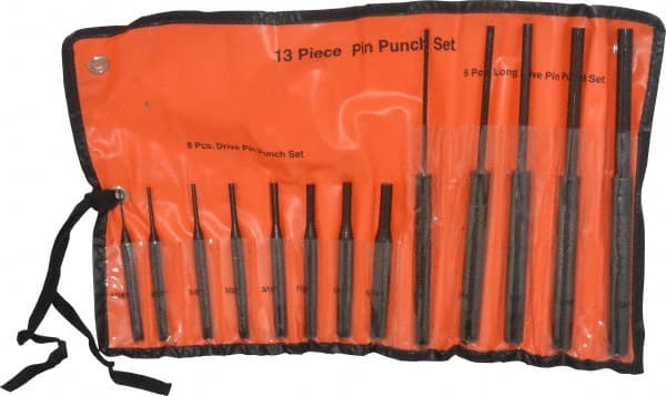 Value Collection - 13 Piece, 1/8 to 3/8", Pin Punch Set - Comes in Vinyl Case - Exact Tooling