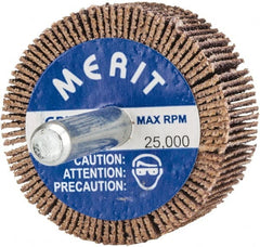 Merit Abrasives - 1-1/2" Diam x 3/4" Face Width, Medium Ceramic Alumina Coated Mounted Flap Wheel - 1/4" Shank Mount, 80 Grit, 30,000 Max RPM - Exact Tooling
