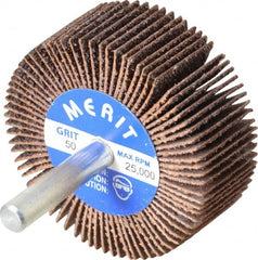 Merit Abrasives - 2" Diam x 3/4" Face Width, Coarse Ceramic Alumina Coated Mounted Flap Wheel - 1/4" Shank Mount, 50 Grit, 30,000 Max RPM - Exact Tooling