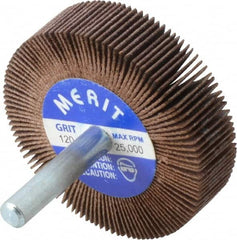 Merit Abrasives - 2" Diam x 1/2" Face Width, Fine Ceramic Alumina Coated Mounted Flap Wheel - 1/4" Shank Mount, 120 Grit, 30,000 Max RPM - Exact Tooling