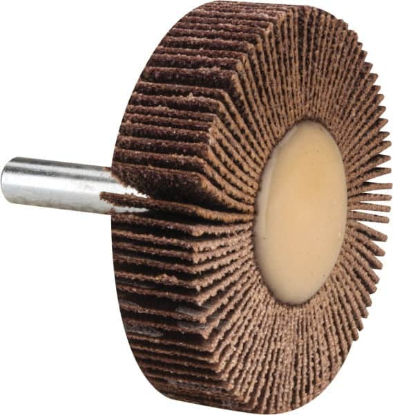 Merit Abrasives - 2" Diam x 1/2" Face Width, Medium Ceramic Alumina Coated Mounted Flap Wheel - 1/4" Shank Mount, 60 Grit, 30,000 Max RPM - Exact Tooling