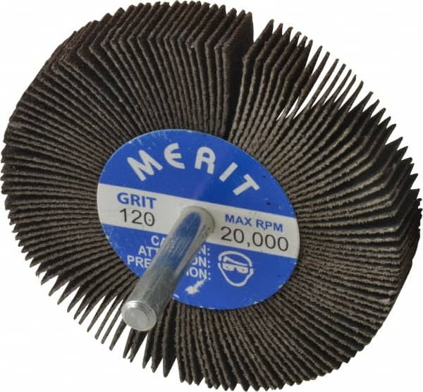 Merit Abrasives - 3" Diam x 1/2" Face Width, Fine Ceramic Alumina Coated Mounted Flap Wheel - 1/4" Shank Mount, 120 Grit, 30,000 Max RPM - Exact Tooling