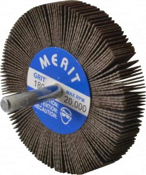 Merit Abrasives - 3" Diam x 1/2" Face Width, Very Fine Ceramic Alumina Coated Mounted Flap Wheel - 1/4" Shank Mount, 180 Grit, 30,000 Max RPM - Exact Tooling