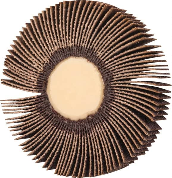 Merit Abrasives - 3" Diam x 1/2" Face Width, Medium Ceramic Alumina Coated Mounted Flap Wheel - 1/4" Shank Mount, 60 Grit, 30,000 Max RPM - Exact Tooling