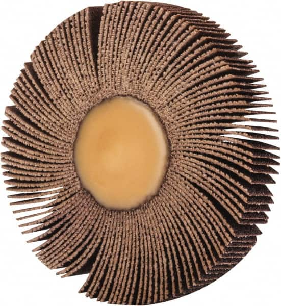 Merit Abrasives - 3" Diam x 1/2" Face Width, Medium Ceramic Alumina Coated Mounted Flap Wheel - 1/4" Shank Mount, 80 Grit, 30,000 Max RPM - Exact Tooling