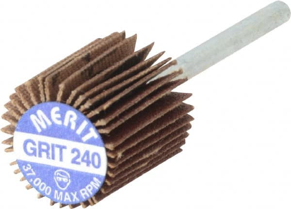 Merit Abrasives - 5/8" Diam x 5/8" Face Width, Very Fine Aluminum Oxide Coated Mounted Flap Wheel - 1/8" Shank Mount, 240 Grit, Cloth Backing, 37,000 Max RPM - Exact Tooling