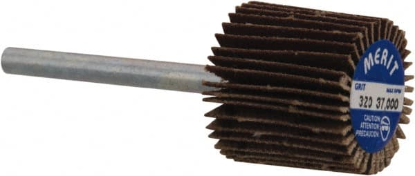 Merit Abrasives - 5/8" Diam x 5/8" Face Width, Extra Fine Aluminum Oxide Coated Mounted Flap Wheel - 1/8" Shank Mount, 320 Grit, Cloth Backing, 37,000 Max RPM - Exact Tooling