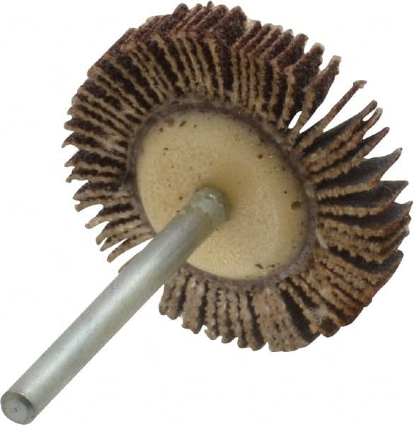 Merit Abrasives - 1-3/16" Diam x 3/16" Face Width, Medium Aluminum Oxide Coated Mounted Flap Wheel - 1/8" Shank Mount, 80 Grit, Cloth Backing, 30,000 Max RPM - Exact Tooling