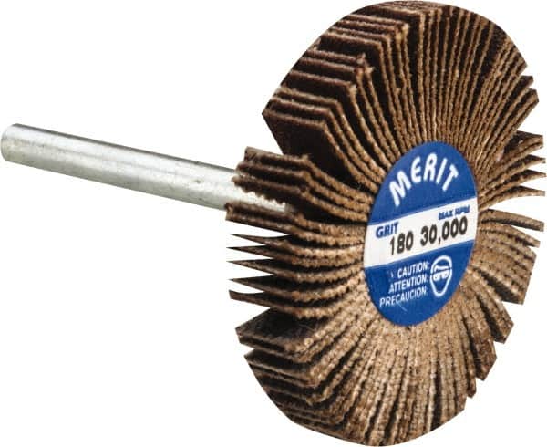Merit Abrasives - 1-3/16" Diam x 3/16" Face Width, Very Fine Aluminum Oxide Coated Mounted Flap Wheel - 1/8" Shank Mount, 180 Grit, Cloth Backing, 30,000 Max RPM - Exact Tooling
