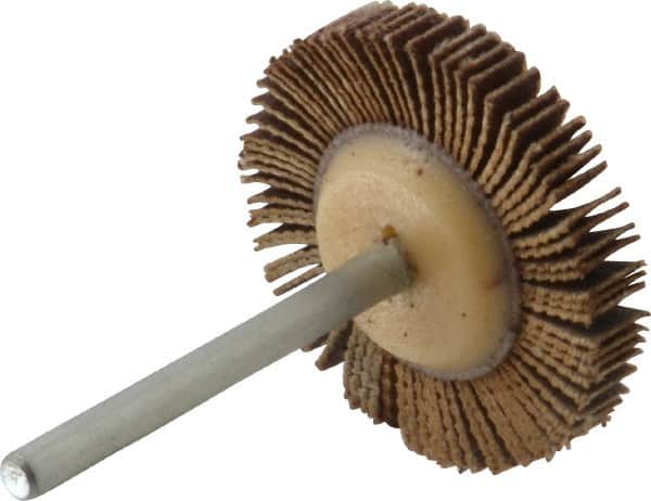 Merit Abrasives - 1-3/16" Diam x 3/16" Face Width, Very Fine Aluminum Oxide Coated Mounted Flap Wheel - 1/8" Shank Mount, 240 Grit, Cloth Backing, 30,000 Max RPM - Exact Tooling