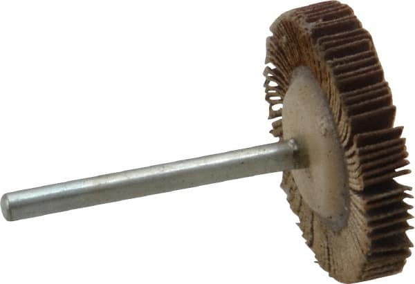 Merit Abrasives - 1-3/16" Diam x 3/16" Face Width, Extra Fine Aluminum Oxide Coated Mounted Flap Wheel - 1/8" Shank Mount, 320 Grit, Cloth Backing, 30,000 Max RPM - Exact Tooling