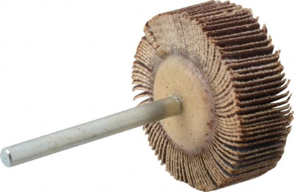 Merit Abrasives - 1-3/16" Diam x 3/8" Face Width, Very Fine Aluminum Oxide Coated Mounted Flap Wheel - 1/8" Shank Mount, 180 Grit, Cloth Backing, 30,000 Max RPM - Exact Tooling