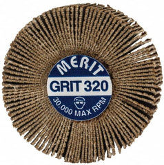 Merit Abrasives - 1-3/16" Diam x 3/8" Face Width, Extra Fine Aluminum Oxide Coated Mounted Flap Wheel - 1/8" Shank Mount, 320 Grit, Cloth Backing, 30,000 Max RPM - Exact Tooling