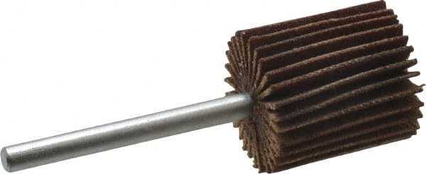 Merit Abrasives - 5/8" Diam x 3/4" Face Width, Very Fine Aluminum Oxide Coated Mounted Flap Wheel - 1/8" Shank Mount, 180 Grit, Cloth Backing, 37,000 Max RPM - Exact Tooling