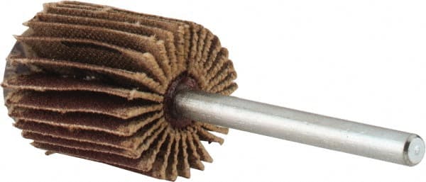 Merit Abrasives - 5/8" Diam x 3/4" Face Width, Very Fine Aluminum Oxide Coated Mounted Flap Wheel - 1/8" Shank Mount, 240 Grit, Cloth Backing, 37,000 Max RPM - Exact Tooling