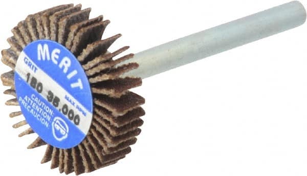 Merit Abrasives - 3/4" Diam x 3/16" Face Width, Very Fine Aluminum Oxide Coated Mounted Flap Wheel - 1/8" Shank Mount, 180 Grit, Cloth Backing, 35,000 Max RPM - Exact Tooling