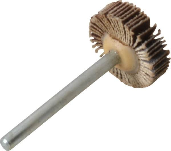 Merit Abrasives - 3/4" Diam x 3/16" Face Width, Very Fine Aluminum Oxide Coated Mounted Flap Wheel - 1/8" Shank Mount, 240 Grit, Cloth Backing, 35,000 Max RPM - Exact Tooling