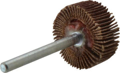 Merit Abrasives - 3/4" Diam x 3/8" Face Width, Very Fine Aluminum Oxide Coated Mounted Flap Wheel - 1/8" Shank Mount, 240 Grit, Cloth Backing, 35,000 Max RPM - Exact Tooling