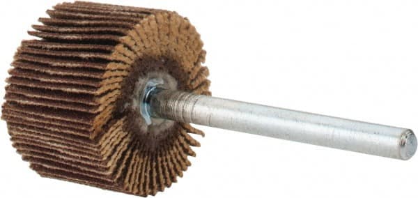 Merit Abrasives - 3/4" Diam x 1/2" Face Width, Very Fine Aluminum Oxide Coated Mounted Flap Wheel - 1/8" Shank Mount, 240 Grit, Cloth Backing, 35,000 Max RPM - Exact Tooling