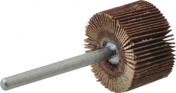 Merit Abrasives - 3/4" Diam x 1/2" Face Width, Extra Fine Aluminum Oxide Coated Mounted Flap Wheel - 1/8" Shank Mount, 320 Grit, Cloth Backing, 35,000 Max RPM - Exact Tooling