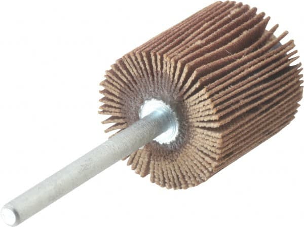 Merit Abrasives - 3/4" Diam x 3/4" Face Width, Very Fine Aluminum Oxide Coated Mounted Flap Wheel - 1/8" Shank Mount, 240 Grit, Cloth Backing, 35,000 Max RPM - Exact Tooling