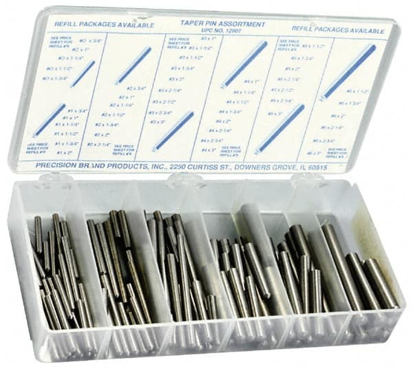 Precision Brand - 100 Piece, #0 to #6" Pin Diam, Taper Pin Assortment - 3/4 to 3" Long, 1215 & 12L14 Steel - Exact Tooling