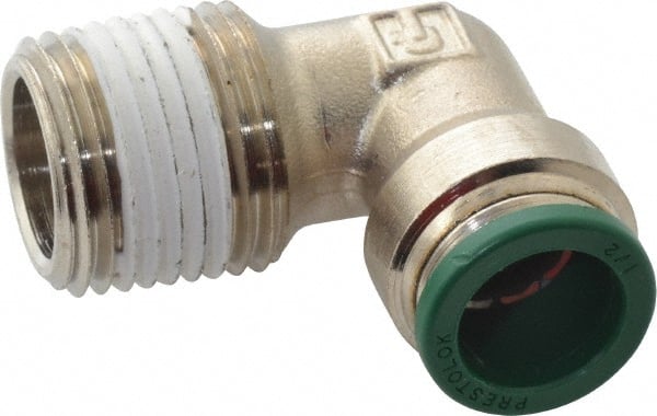 Parker - 1/2" Outside Diam, 1/2 NPTF, Nickel Plated Brass Push-to-Connect Tube Male Elbow - 300 Max psi, Tube to Male NPT Connection, Buna-N O-Ring - Exact Tooling