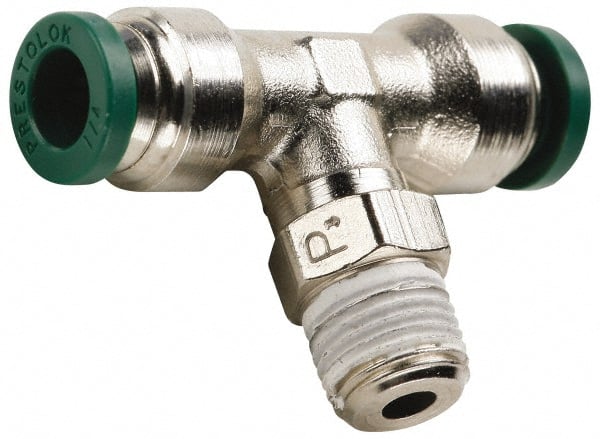 Parker - 1/4" Outside Diam, 1/8 NPTF, Nickel Plated Brass Push-to-Connect Tube Male Swivel Branch Tee - 300 Max psi, Tube to Male NPT Connection, Buna-N O-Ring - Exact Tooling