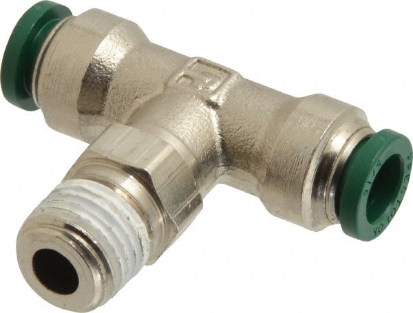 Parker - 5/16" Outside Diam, 1/4 NPTF, Nickel Plated Brass Push-to-Connect Tube Male Swivel Branch Tee - 300 Max psi, Tube to Male NPT Connection, Buna-N O-Ring - Exact Tooling