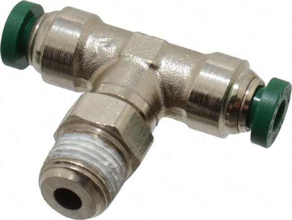 Parker - 5/32" Outside Diam, 1/8 NPTF, Nickel Plated Brass Push-to-Connect Tube Male Swivel Branch Tee - 300 Max psi, Tube to Male NPT Connection, Buna-N O-Ring - Exact Tooling
