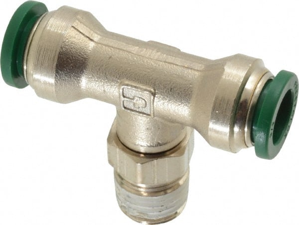 Parker - 3/8" Outside Diam, 1/4 NPTF, Nickel Plated Brass Push-to-Connect Tube Male Swivel Branch Tee - 300 Max psi, Tube to Male NPT Connection, Buna-N O-Ring - Exact Tooling