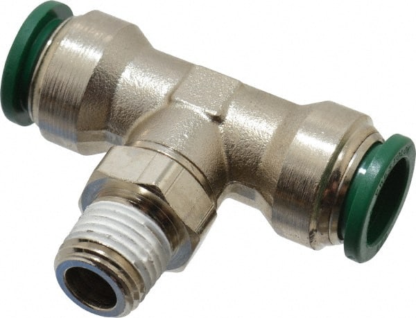 Parker - 1/2" Outside Diam, 1/4 NPTF, Nickel Plated Brass Push-to-Connect Tube Male Swivel Branch Tee - 300 Max psi, Tube to Male NPT Connection, Buna-N O-Ring - Exact Tooling